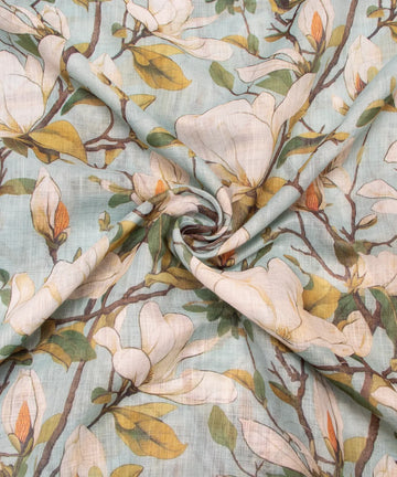 Light Blue Floral Print Cotton Linen Fabric